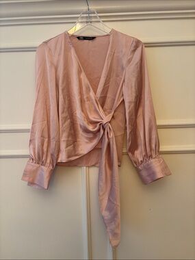 Zara Blush Satin Wrap Tie Blouse